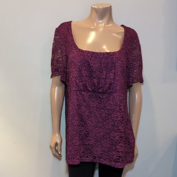 3/$20 Reitmans Purple Scoop Neck Lace Blouse Short Sleeve Pleated Top - Picture 2 of 9